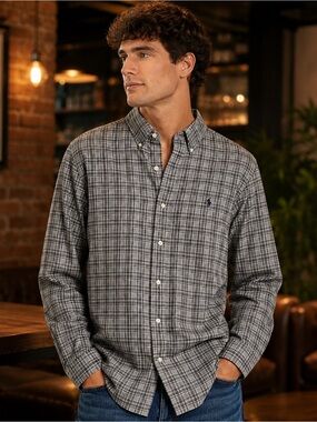 Polo Ralph Lauren Button Down Shirt Mens XL/TG Black &Gray Plaid 100% Cotton Y2K